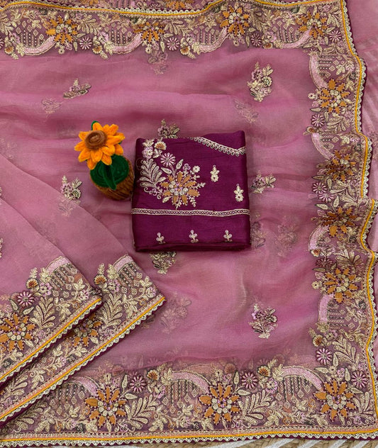 Pink Embroidered Zippy Silk Saree with Brocade Blouse