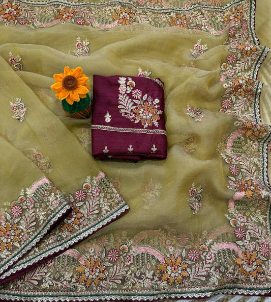 Olive Green Embroidered Zippy Silk Saree with Brocade Blouse