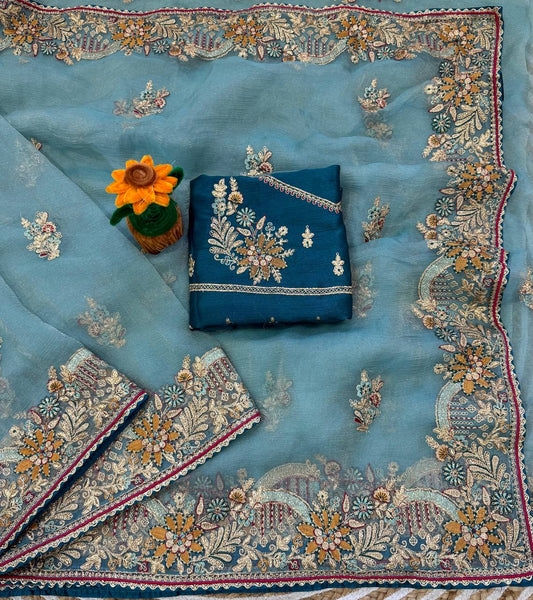 Sea Green Embroidered Zippy Silk Saree with Brocade Blouse