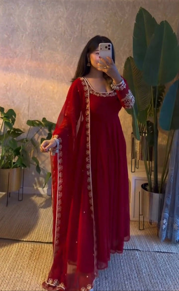 Royal Maroon Embroidered Anarkali Suit with Dupatta For Festive Season