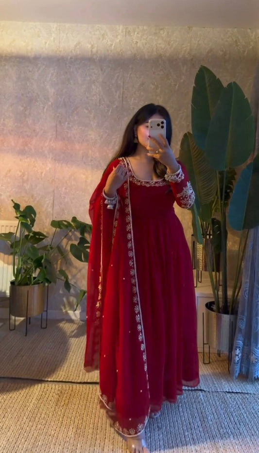 Royal Maroon Embroidered Anarkali Suit with Dupatta For Festive Season