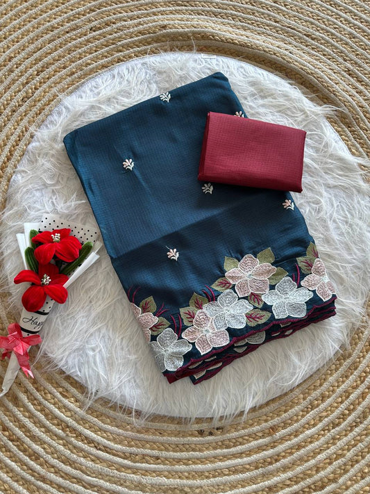 Festive Peacock Blue Kota Doriya Embroidery Thread Work Saree | Anarkali Suit