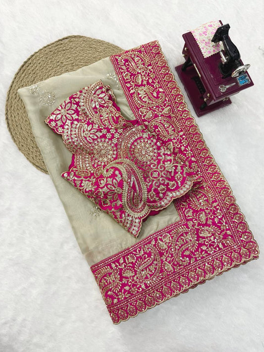 Off-White Organza Silk Saree with Rani Pink Blouse Piece