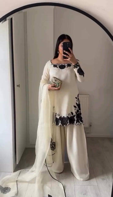 Elegant Off-White Fendy Silk Embroidered Kurta Set with Farshi Pants & Dupatta