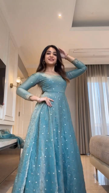 Blue Pearl Anarkali Suit Set for Women - Fendy Silk Kurta with Dupatta