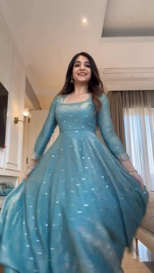 Blue Pearl Anarkali Suit Set for Women - Fendy Silk Kurta with Dupatta