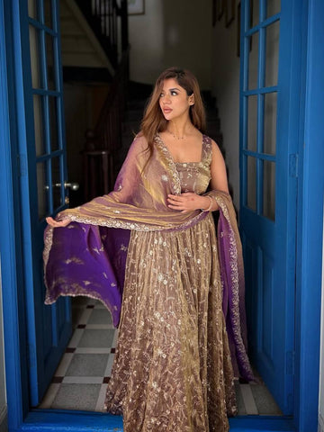 Mocha Anarkali Suit Set for Women - Sleeveless Silk Kurta with Dupatta