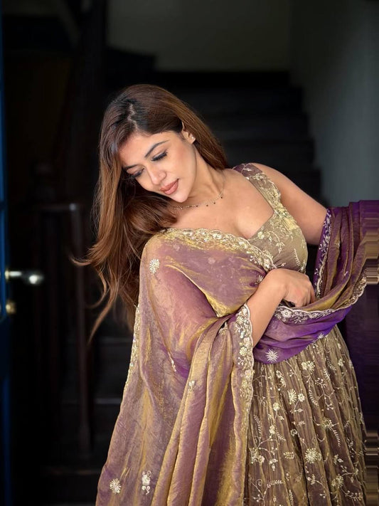 Mocha Anarkali Suit Set for Women - Sleeveless Silk Kurta with Dupatta