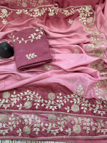 Dusty Rose Pink Dual-Tone Premium Chinon Silk Saree with Zari Sequin C-Pallu