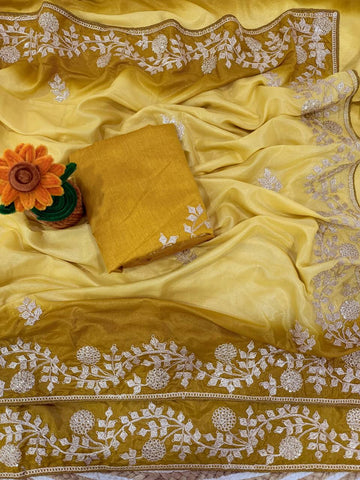 Mustard Yellow Dual-Tone Premium Chinon Silk Saree with Zari Sequin C-Pallu