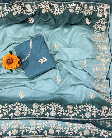 Sea Green Dual-Tone Premium Chinon Silk Saree with Zari Sequin C-Pallu