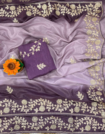 Lavender Purple Dual-Tone Premium Chinon Silk Saree with Zari Sequin C-Pallu