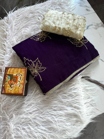 Purple Vichitra Silk Saree with 3mm Sequins Embroidery & Readymade Lace Border