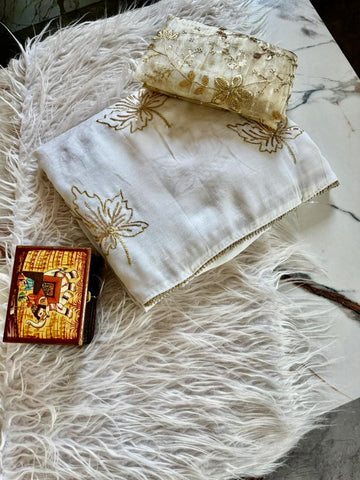 White Vichitra Silk Saree with 3mm Sequins Embroidery & Readymade Lace Border
