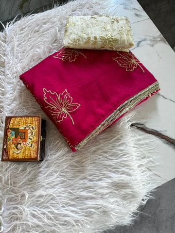 Rani Pink Vichitra Silk Saree with 3mm Sequins Embroidery & Readymade Lace Border
