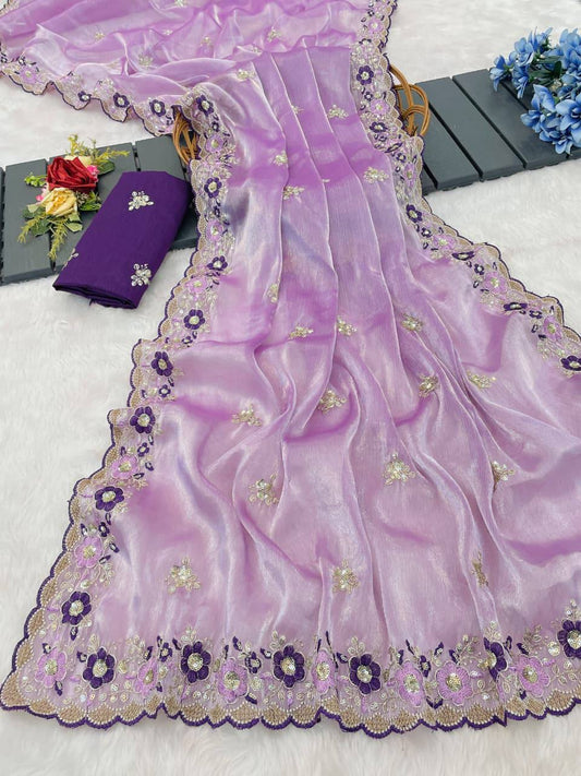 Lavender Premium Jimmy Choo Chiffon Saree with Multi Thread Embroidery & Arco Cutwork Border