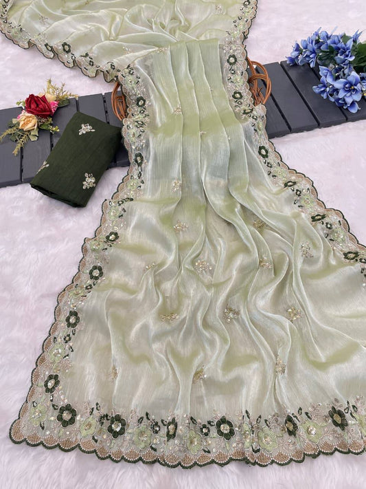 Pista Green Premium Jimmy Choo Chiffon Saree with Multi Thread Embroidery & Arco Cutwork Border