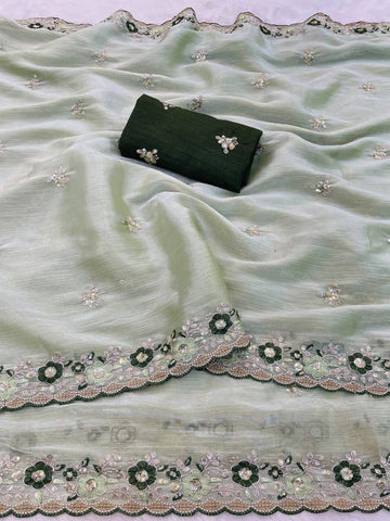 Pista Green Premium Jimmy Choo Chiffon Saree with Multi Thread Embroidery & Arco Cutwork Border