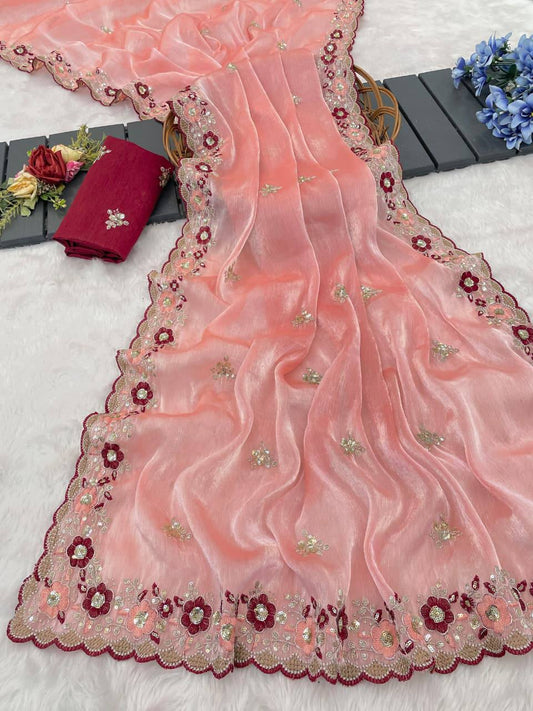 Peach Premium Jimmy Choo Chiffon Saree with Multi Thread Embroidery & Arco Cutwork Border