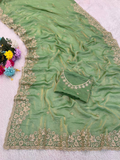 Pista Green Premium Fancy Satin Saree with 3mm Sequence Embroidery & Arco Cutwork Border