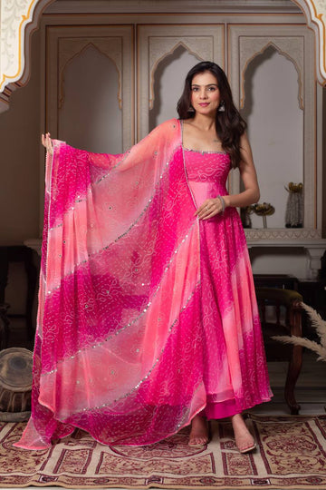 Luxury Pink Real Mirror Handwork Anarkali Suit Set with Dupatta & Pant