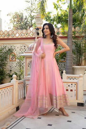 Pink Anarkali Suit Set for Women - Sleeveless Crepe Kurta with Georgette Dupatta