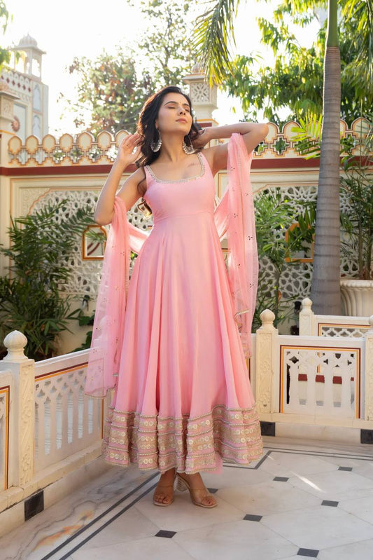 Pink Anarkali Suit Set for Women - Sleeveless Crepe Kurta with Georgette Dupatta