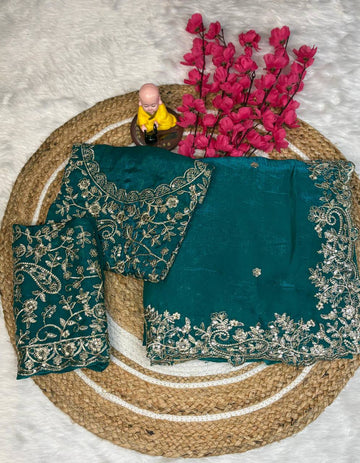 Teal Premium Fancy Satin Saree with Silver Zari Thread Work & Arco Cutwork Border