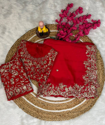 Red Premium Fancy Satin Saree with Silver Zari Thread Work & Arco Cutwork Border