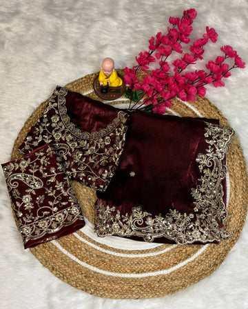 Maroon Premium Fancy Satin Saree with Silver Zari Thread Work & Arco Cutwork Border
