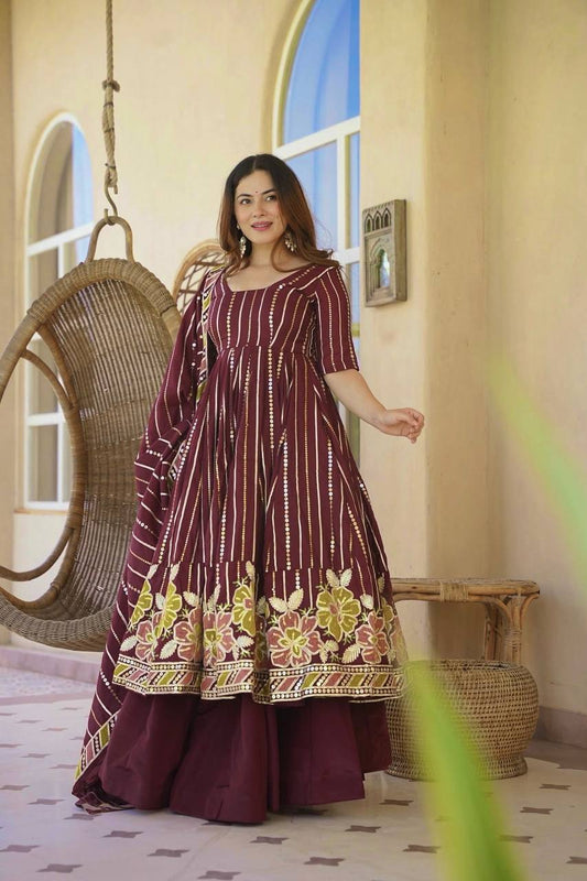 Maroon Heritage Anarkali Suit Set for Women - Georgette Kurta with Dupatta