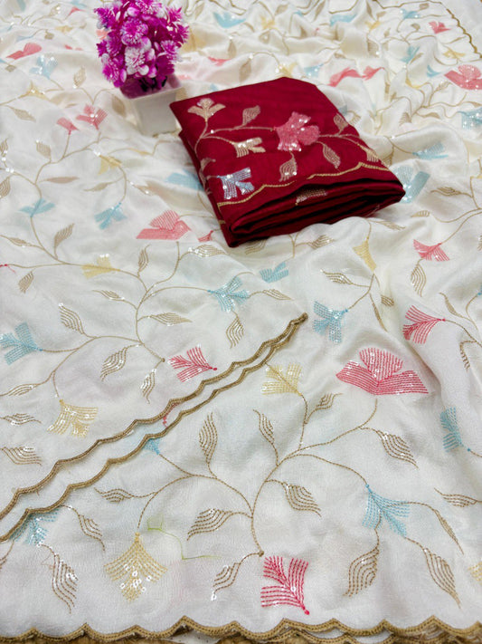 Off White Premium Crush Georgette Chiffon Silk Saree with Multi Thread Sequins Embroidery & Gold Zari Arco Border