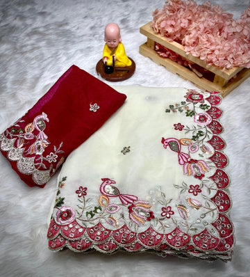 Off White Premium Star Georgette Saree with C-Pallu Peacock Embroidery & Multi Thread Work