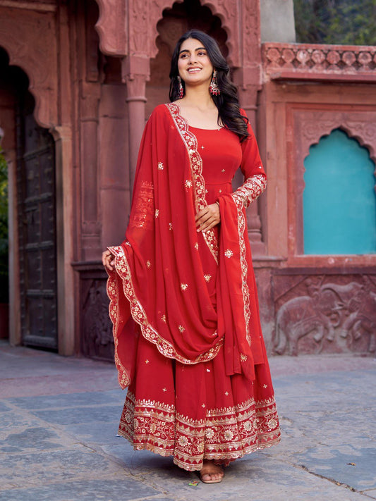 Red Celestique Anarkali Suit Set for Women - Georgette Kurta with Dupatta