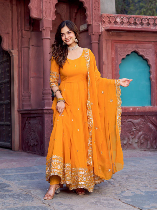 Haldi Radiance Anarkali Suit Set for Women - Georgette Kurta with Dupatta