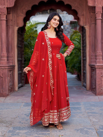 Red Celestique Anarkali Suit Set for Women - Georgette Kurta with Dupatta