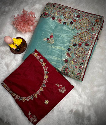 Mint Green Gold Crush Saree with C-Pallu Coding Sequence Multi Thread Embroidery