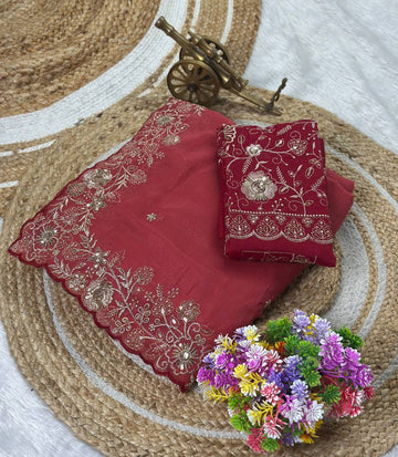 Rust Red Star Georgette Silk Saree with Thread, Zari & Sequin C-Pallu Embroidery