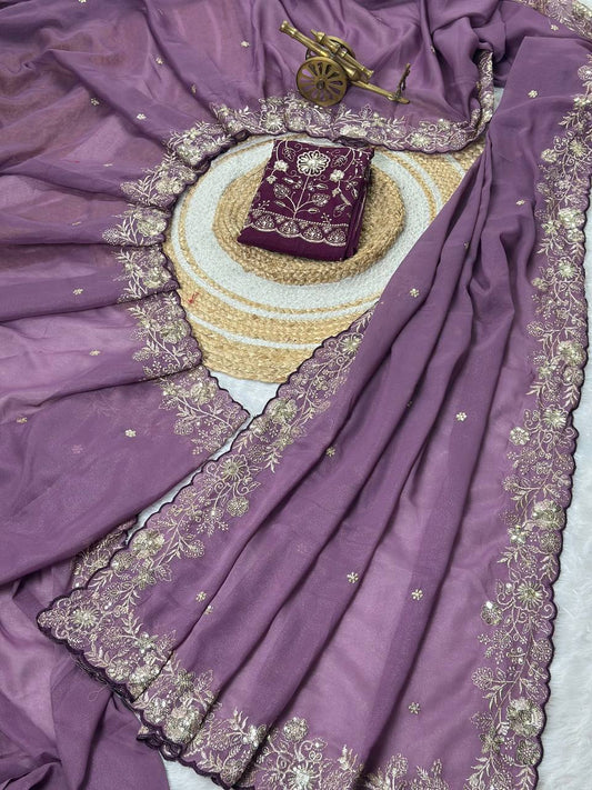 Dusty Purple Star Georgette Silk Saree with Thread, Zari & Sequin C-Pallu Embroidery