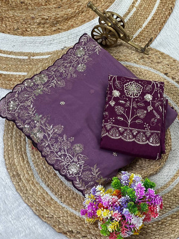 Dusty Purple Star Georgette Silk Saree with Thread, Zari & Sequin C-Pallu Embroidery