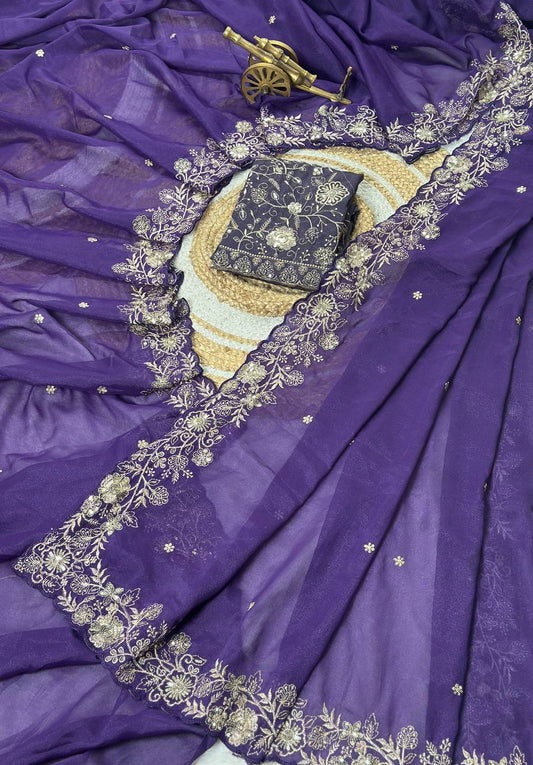Royal Purple Star Georgette Silk Saree with Thread, Zari & Sequin C-Pallu Embroidery