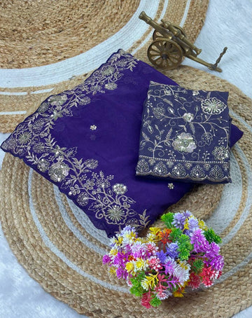 Royal Purple Star Georgette Silk Saree with Thread, Zari & Sequin C-Pallu Embroidery