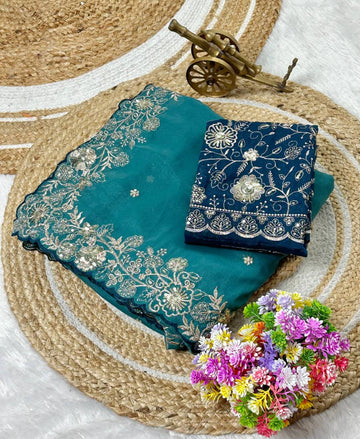 Teal Blue Star Georgette Silk Saree with Thread, Zari & Sequin C-Pallu Embroidery
