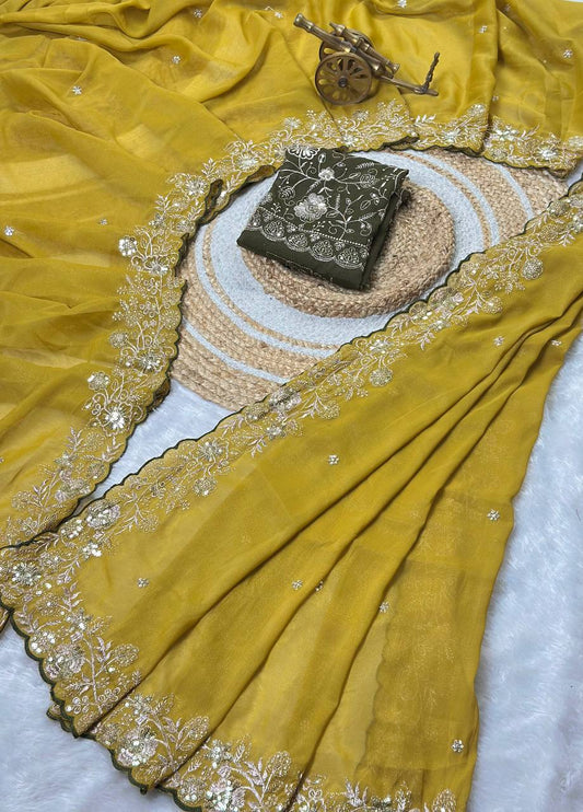 Mustard Yellow Star Georgette Silk Saree with Thread, Zari & Sequin C-Pallu Embroidery