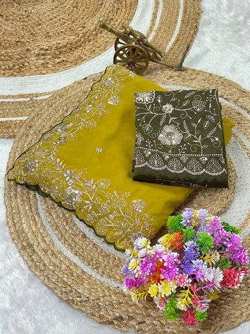 Mustard Yellow Star Georgette Silk Saree with Thread, Zari & Sequin C-Pallu Embroidery