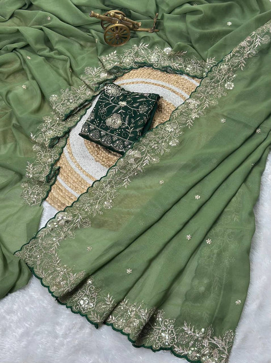 Olive Sage Green Star Georgette Silk Saree with Thread, Zari & Sequin C-Pallu Embroidery