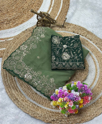 Olive Sage Green Star Georgette Silk Saree with Thread, Zari & Sequin C-Pallu Embroidery