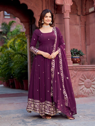 Wine Anarkali Suit Set for Women - Georgette Kurta with Round Neck