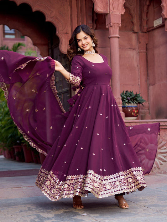 Wine Anarkali Suit Set for Women - Georgette Kurta with Round Neck