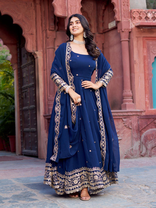 Sapphire Blue Anarkali Suit Set for Women - Georgette Kurta with Dupatta